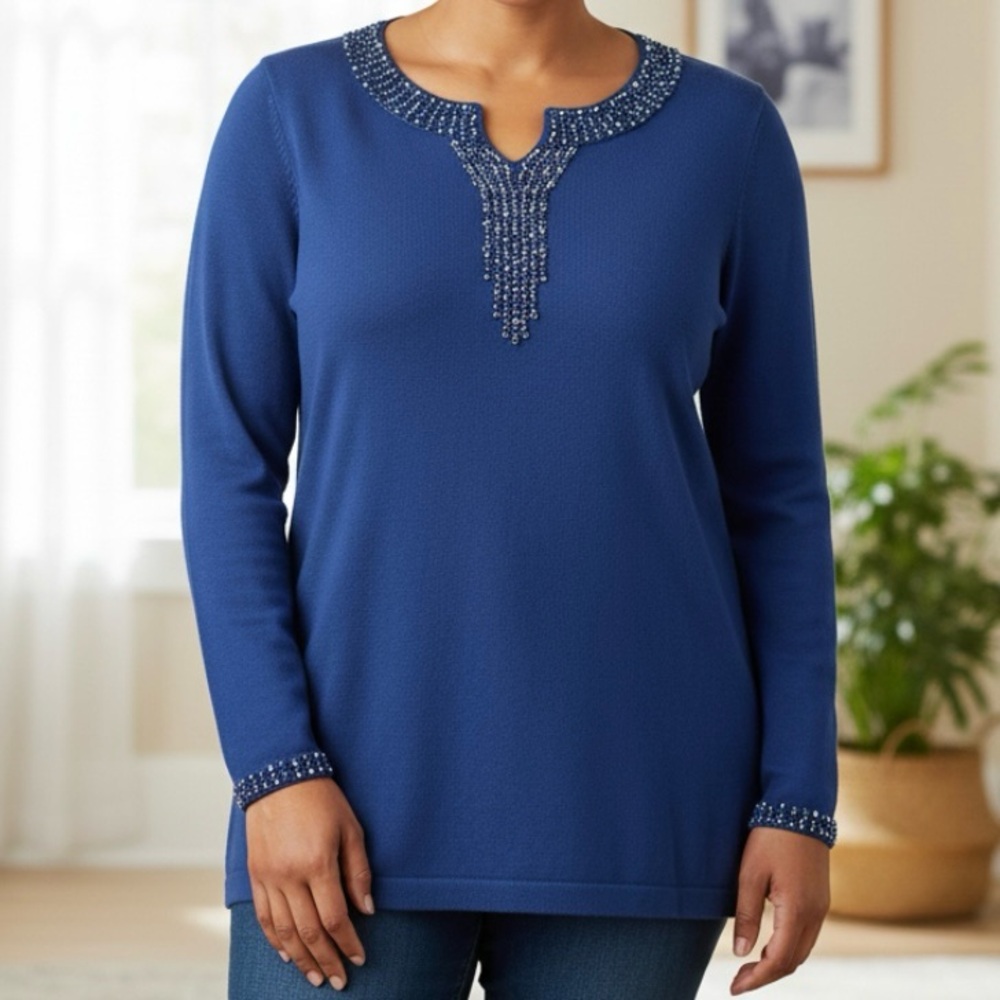 Quacker Factory Navy Blue Beaded V Neck Pullover Sweater Size 2X